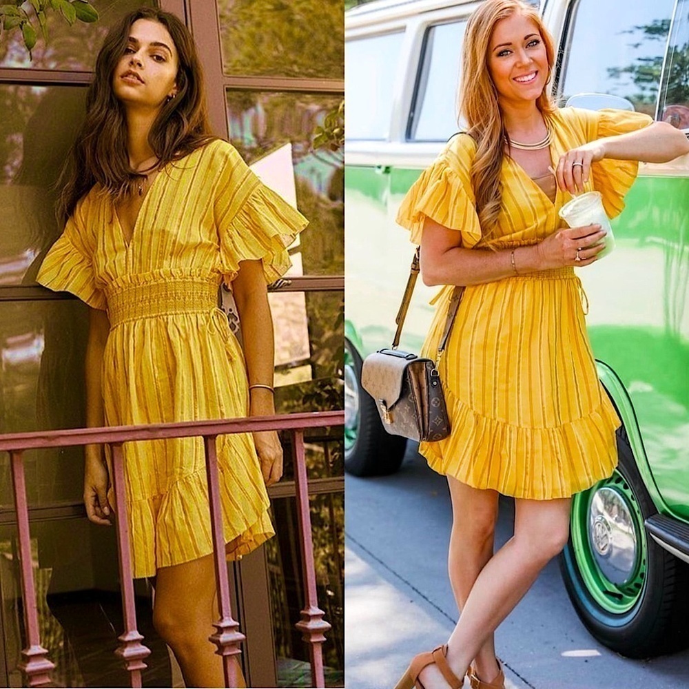 SAYLOR Metallic Stripe Flutter Sleeve V-Neck Smocked Waist Ruffle Hem Dress M